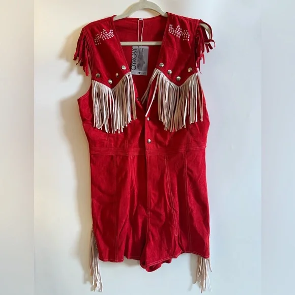 Oyrosy Western Cowboy Style Red Suede Silver Button Beige Tassel Jumpsuit NWT - Picture 6 of 12